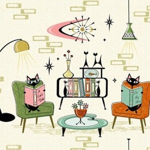 Retro Cozy Cats Pillow Covers . MCM . Mid Century Modern Cats Reading Books . Zipper Closure image 5