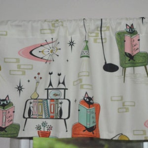 Retro Cozy Cats Den Valance . Kitchen Tabby Cat Curtains . Reading Books Library . Mid Century . Off White Background image 2