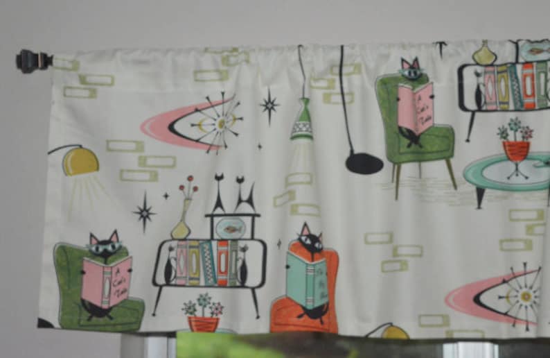 Retro Cozy Cats Den Valance . Kitchen Tabby Cat Curtains . Reading Books Library . Mid Century . Off White Background image 2