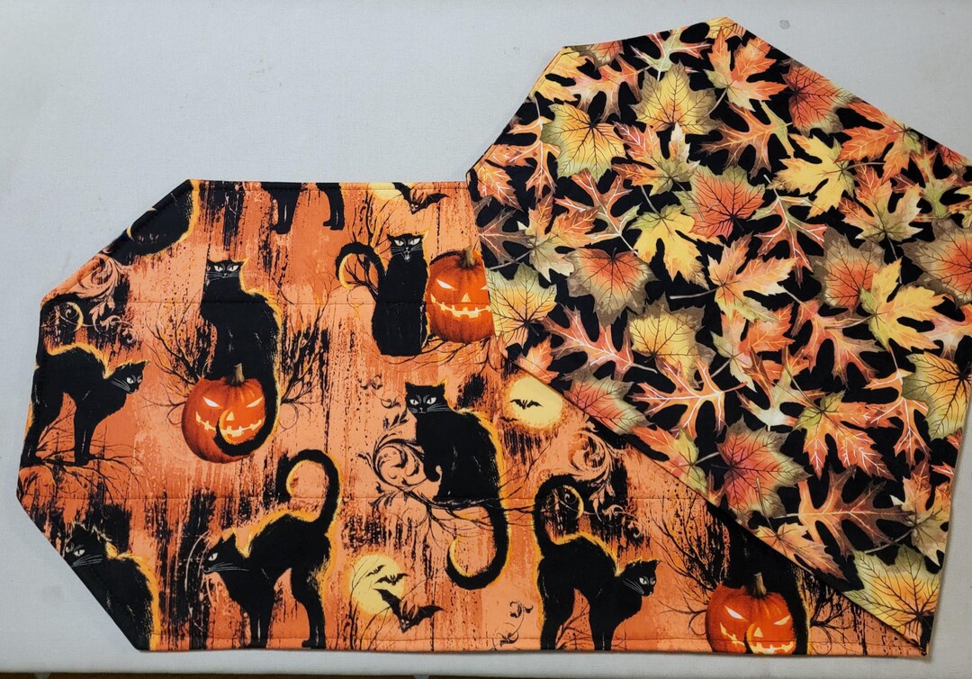 Black Cat Halloween Table Runner: Reversible Quilted Fall Centerpiece ...