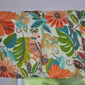 Tropical Bird  Kitchen Valance . Richloom  Lensing Jungle Curtain .  Indoor/Outdoor Fabric . Faux Linen