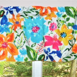 Floral Kitchen Valance . Tropical Floral Curtain Window Topper . Light Cream Background . Turquoise Coral . Please Ask For Custom Size image 2