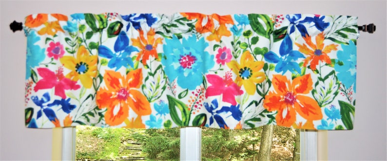 Floral Kitchen Valance . Tropical Floral Curtain Window Topper . Light Cream Background . Turquoise Coral . Please Ask For Custom Size image 2