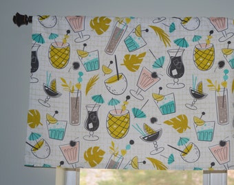 Retro Valance . Cocktail Hour . Mid Century Modern . Tiki Bar Retro Kitchen Curtain .  Patio .  Rec Room