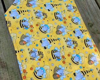 Bumblebee Gnome Table Runner.  Reversible Quilted Summer Gnome Centerpiece . Flowerpot Floral Polka Dot Table Top