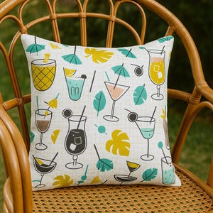Retro Cocktail Throw Pillow  Cover . Square or Lumbar Mid Century Modern Tiki Bar Decor . Aqua Drink Print . Perfect Patio Accent