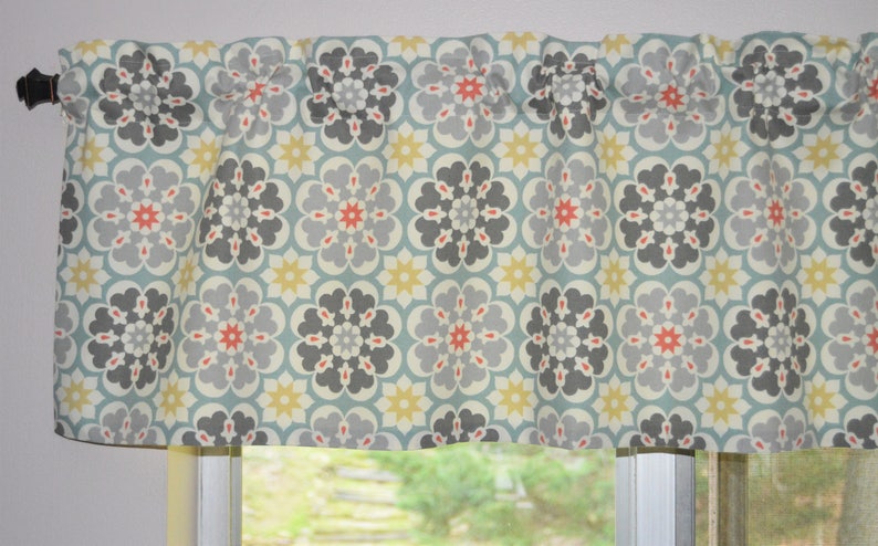 Kitchen Curtain Valance Gray Tile Valance Gray And Teal Etsy