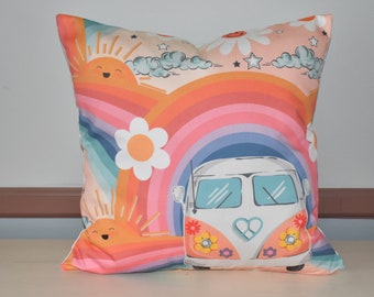 Retro Floral Volkswagen Van Pillow Cover with Rainbows and Daisies . Zipper Closure