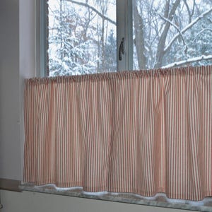 Red Stripe Cafe Curtains: French Pillow Ticking, Farmhouse Kitchen Decor