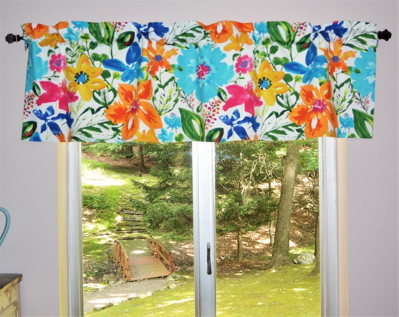 Floral Kitchen Valance . Tropical Floral Curtain Window Topper . Light Cream Background . Turquoise Coral . Please Ask For Custom Size image 1