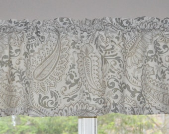 Gray Paisley Kitchen Curtain Valance . Premier Prints Shannon Ecru . Gray and Taupe White Background . Lined or Unlined