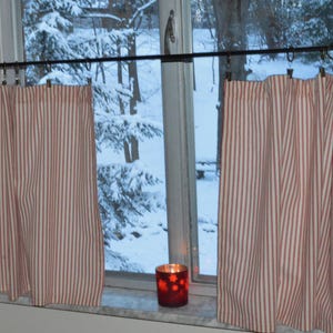 Farmhouse Ticking Cafe Curtains . Red Stripe French Kitchen Tiers