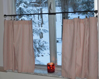 Farmhouse Ticking Cafe Curtains . Red Stripe French Kitchen Tiers
