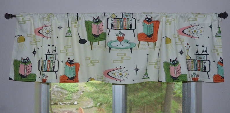 Retro Cozy Cats Den Valance . Kitchen Tabby Cat Curtains . Reading Books Library . Mid Century . Off White Background image 1