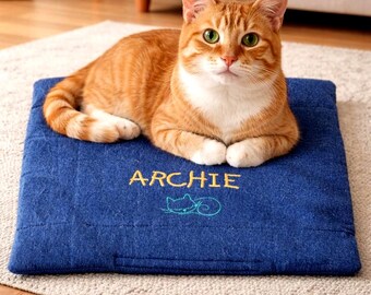 Pesonalized Cat Mat, Catnip Pocket, Reversible Cat Bed, Handmade Cotton Pet Mat