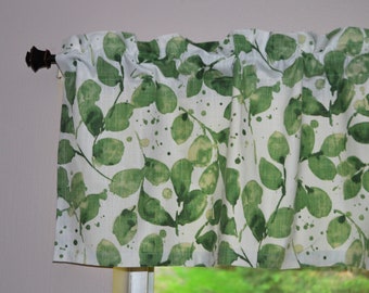 Green Leaf Kitchen Valance .  Water Color Nature Curtains . Made in the USA . Lined or Unlined