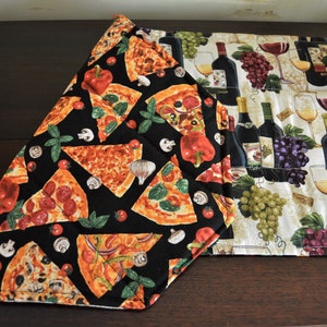 Reversible Quilted Wine and Pizza Table Runner . Kitchen Quilted Table Topper . Hostess Gift Idea