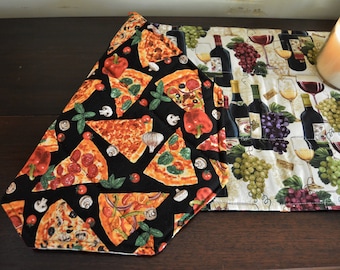 Wine and Pizza  Reversible Quilted Table Runner . Kitchen Quilted Table Topper .