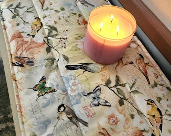 Springtime Birds & Butterflies Quilted Table Runner: Reversible Floral Topper