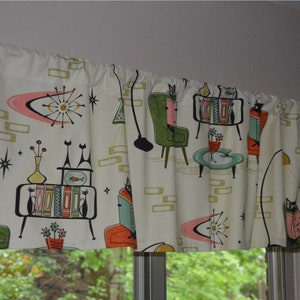 Retro Cozy Cats Den Valance . Kitchen Tabby Cat Curtains . Reading Books Library . Mid Century . Off White Background image 4