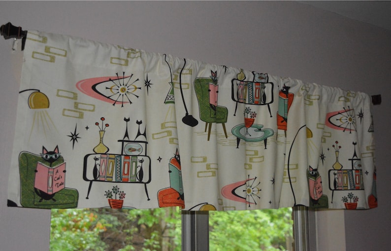 Retro Cozy Cats Den Valance . Kitchen Tabby Cat Curtains . Reading Books Library . Mid Century . Off White Background image 4