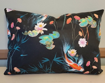 Japanese Water Garden Pillow Cover .  Black with Koi Fish . Dragonflies . Water Lilies