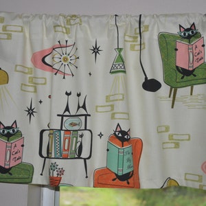 Retro Cozy Cats Den Valance . Kitchen Tabby Cat Curtains . Reading Books Library . Mid Century . Off White Background image 6