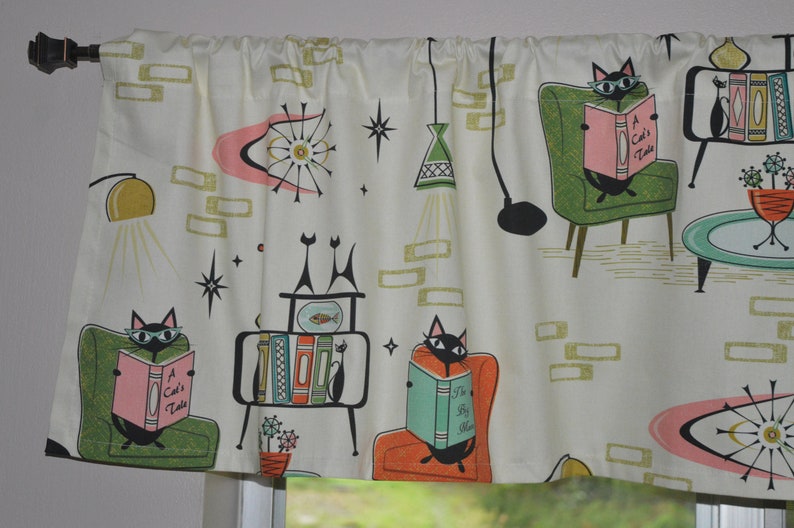 Retro Cozy Cats Den Valance . Kitchen Tabby Cat Curtains . Reading Books Library . Mid Century . Off White Background image 6