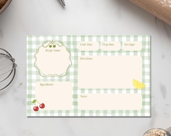 Fruity Green Gingham Recipe Card PDF | Printable Recipe Cards | Minimalist Recipe Template | Instant Downloadable | Editable Kitchen Cards