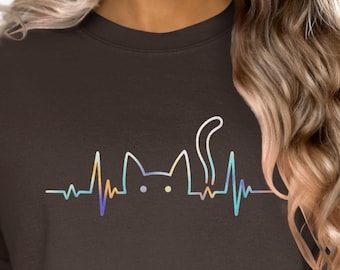 Camiseta con latido de gato, camiseta de gatito arcoíris pastel, regalo para amantes de los gatos, diseño minimalista de gato, camiseta moderna, camiseta de gato adorable, popular en Etsy