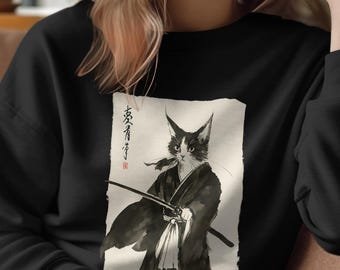 Samurai Katze T-Shirt, japanische Kunst, cooles Katzen-T-Shirt, lustige Katze, einzigartiges Geschenk, Katzenliebhabergeschenk, jetzt im Trend