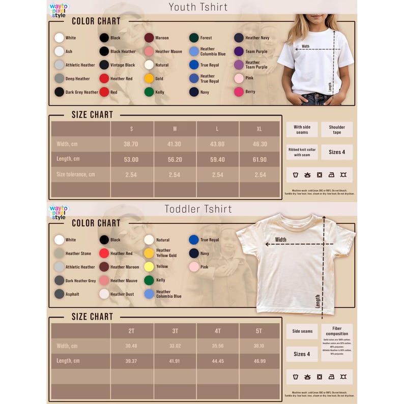Puede incluir: Una imagen del producto con tablas de colores y tallas para camisetas juveniles y para ni&ntilde;os peque&ntilde;os. La tabla de colores muestra varios colores como blanco, negro y rojo. La tabla de tallas proporciona medidas en cent&iacute;metros para diferentes tallas, incluyendo S, M, L y XL para j&oacute;venes, y 2T a 5T para ni&ntilde;os peque&ntilde;os.