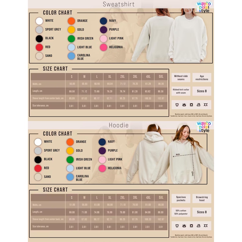 Puede incluir: Imagen de un producto que muestra una sudadera y una sudadera con capucha. Las cartas de colores muestran opciones como blanco, negro y rojo. Tambi&eacute;n se incluyen tablas de tallas, con medidas en cent&iacute;metros. El texto "wayto pixel style" es visible.