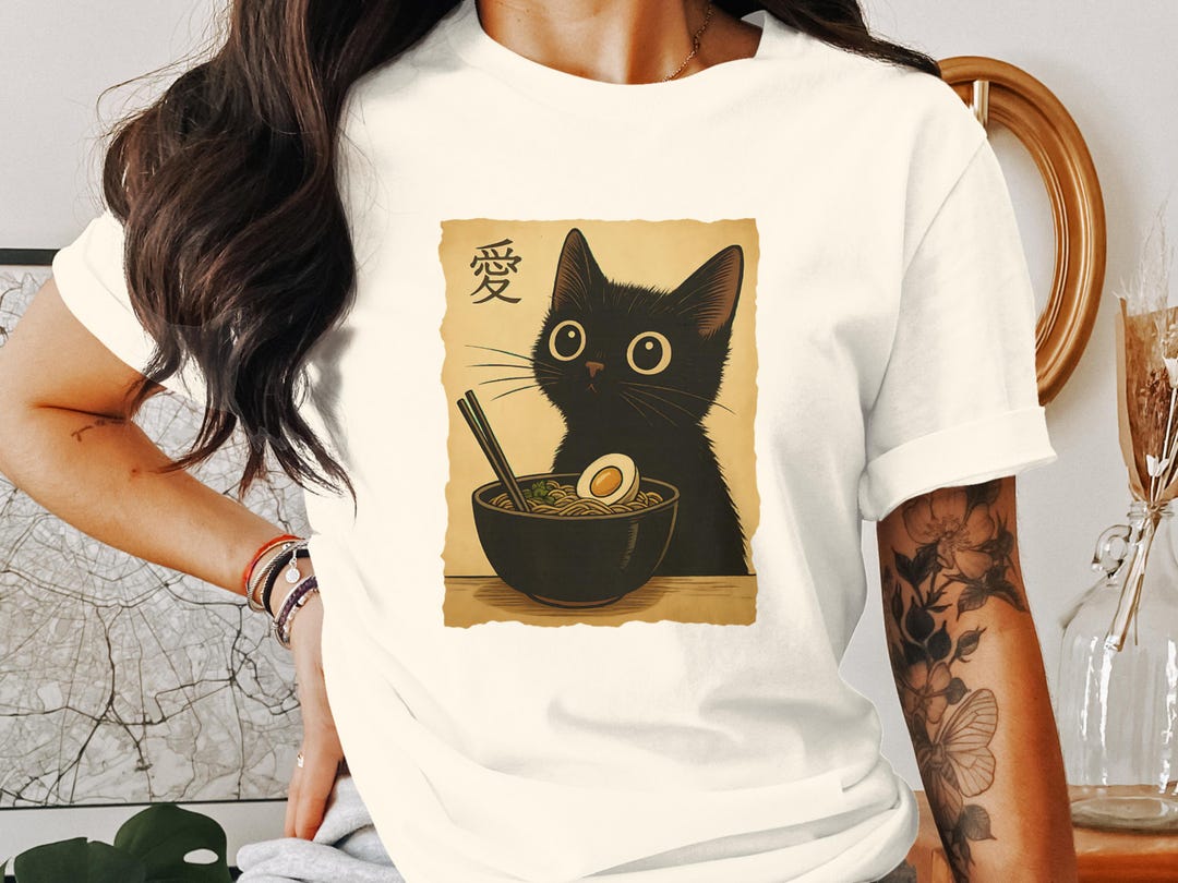 Black Cat Ramen T-shirt, Cute Kitten Tee, Japanese Noodles Shirt, Anime ...