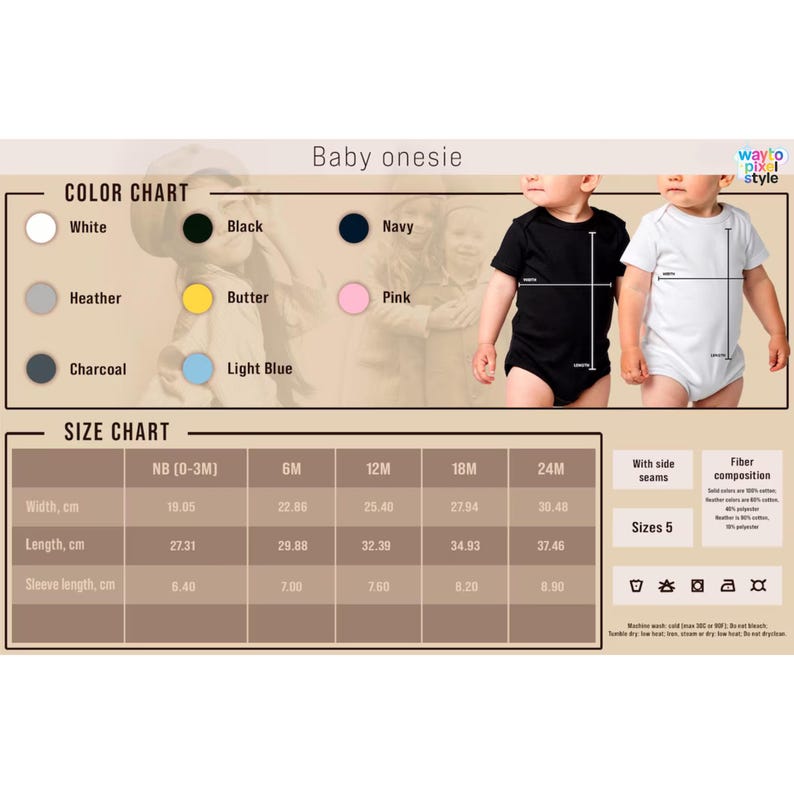 Puede incluir: Una tabla de colores de body de beb&eacute; con opciones como blanco, negro, azul marino, jaspeado, mantequilla, rosa, carb&oacute;n y azul claro. Una tabla de tallas muestra las medidas en cm de ancho, largo y largo de manga para tallas NB (0-3M) a 24M.