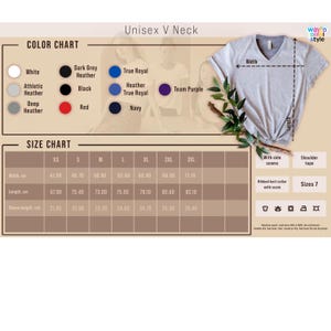 Puede incluir: Una camiseta unisex con cuello en V de color gris claro con una tabla de tallas y opciones de color. La tabla de colores incluye blanco, negro, rojo y varios tonos de gris y azul. La tabla de tallas muestra las medidas en cent&iacute;metros.