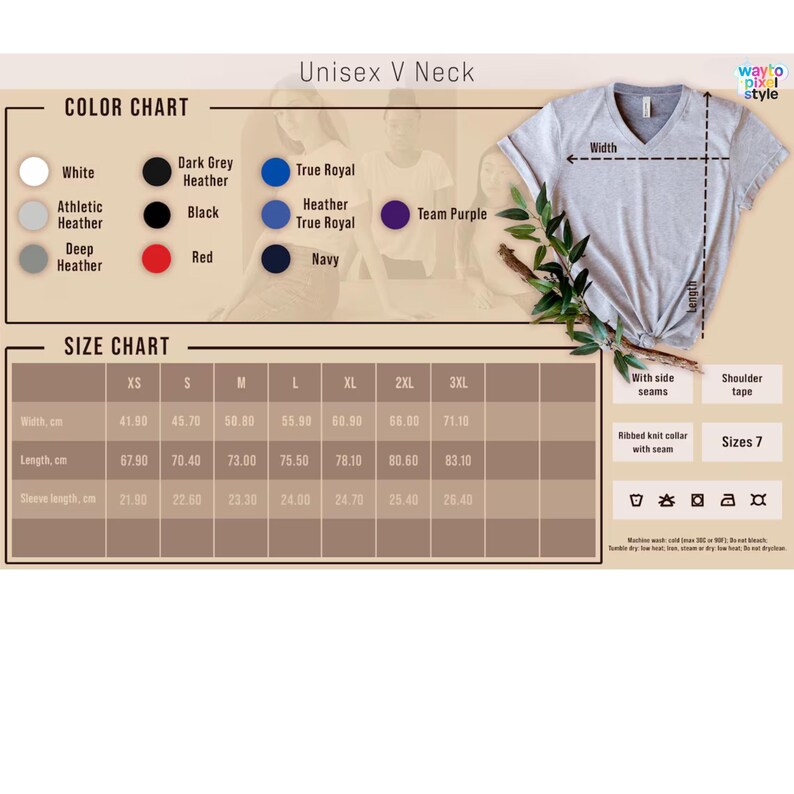 Puede incluir: Una camiseta unisex con cuello en V de color gris claro con una tabla de tallas y opciones de color. La tabla de colores incluye blanco, negro, rojo y varios tonos de gris y azul. La tabla de tallas muestra las medidas en cent&iacute;metros.