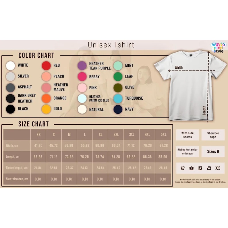 Puede incluir: Una camiseta unisex blanca con una tabla de tallas y colores. La tabla incluye colores como rojo, negro y azul marino. Las medidas est&aacute;n en cent&iacute;metros. La camiseta tiene costuras laterales y cuello de punto acanalado.