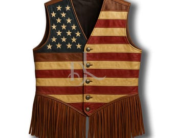 Handcrafted American Flag Leather Fringe Vest | Western Biker Style