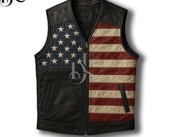 Chaleco de motociclista de cuero con bandera estadounidense, hecho a mano, estilo vaquero occidental