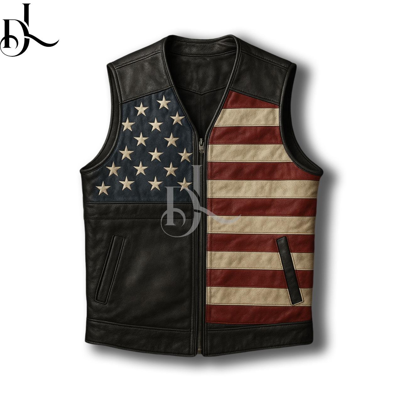 Handcrafted American Flag Leather Biker Vest, Western Cowboy Style
