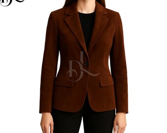 Vintage-Inspired Brown Faux Suede Blazer, Tailored Jacket