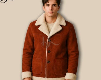 Men's Suede Shearling Aviator Jacket, Rustic Brown Vintage Bomber