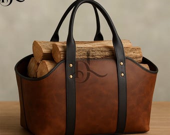 Handmade Full Grain Leather Firewood Carrier: Rustic Fireplace Log Tote