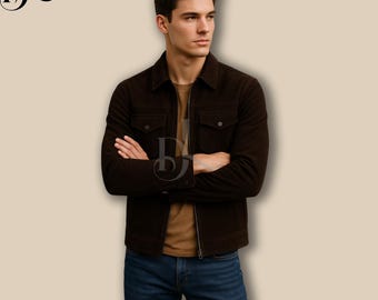 Men's Dark Brown Suede Trucker Jacket, Soft Outerwear