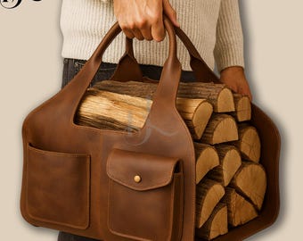 Handmade Brown Leather Firewood Carrier | Rustic Log Tote with Pockets