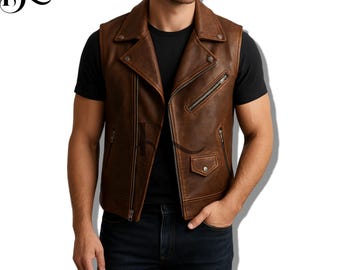 Men's Brown Genuine Leather Biker Vest | Lapel Collar, Modern Style