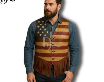 Chaleco de cuero con flecos de la bandera estadounidense hecho a mano / Estilo motero occidental