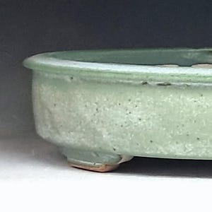 May include: A light green, oval-shaped bonsai pot with a textured surface. The ceramic pot has a rounded rim and sits on three small feet. The interior of the pot is a darker shade of green.
