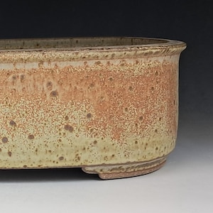 May include: A rectangular ceramic planter with a speckled, textured surface. The planter has a light beige base with reddish-brown accents and a dark rim. It sits on small, rounded feet.